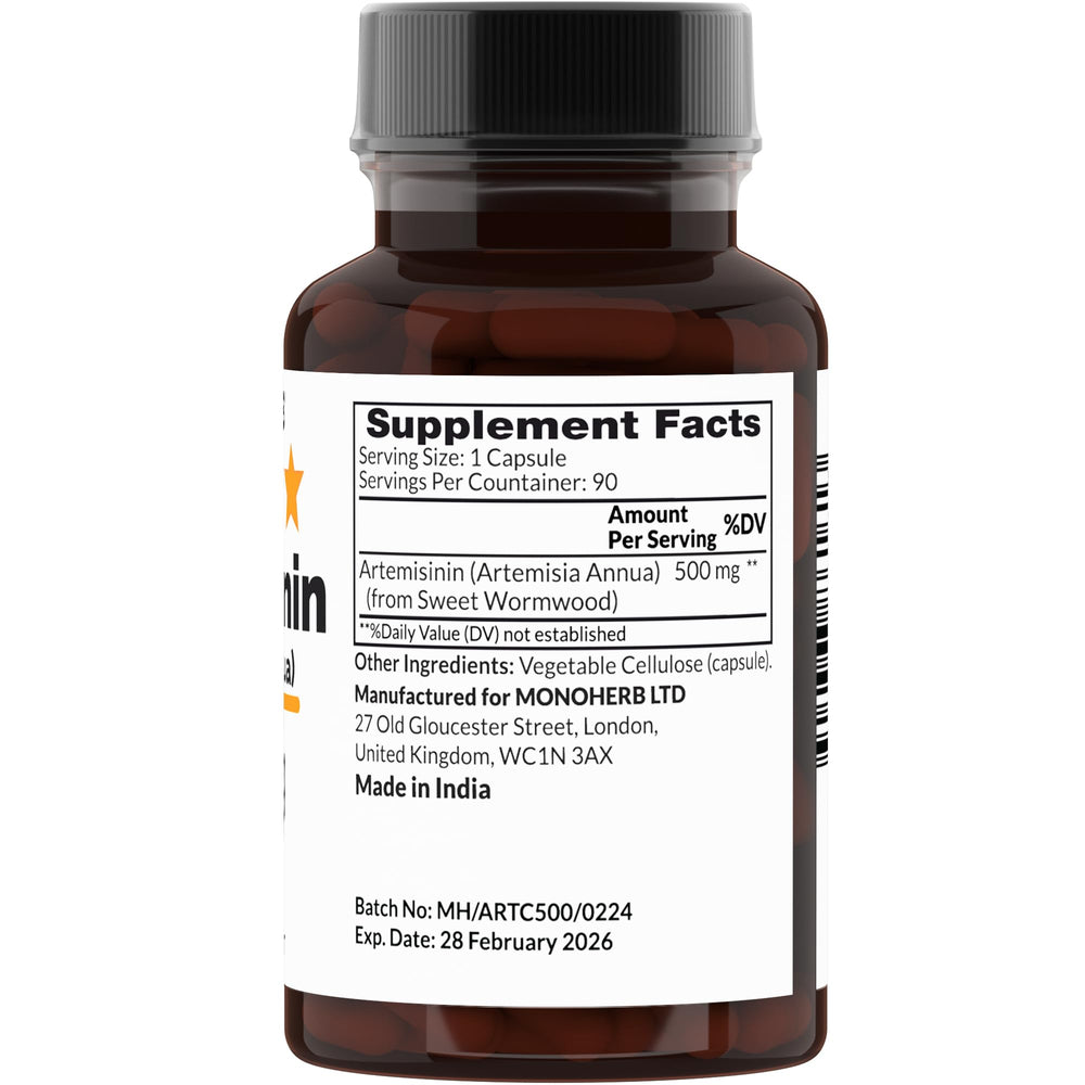 MONOHERB Artemisinin capsules close-up highlighting transparent capsules and no additives