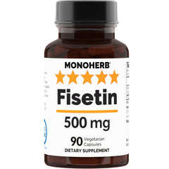 MONOHERB Fisetin 500 mg bottle on a clean desk supports cellular health and vitality.