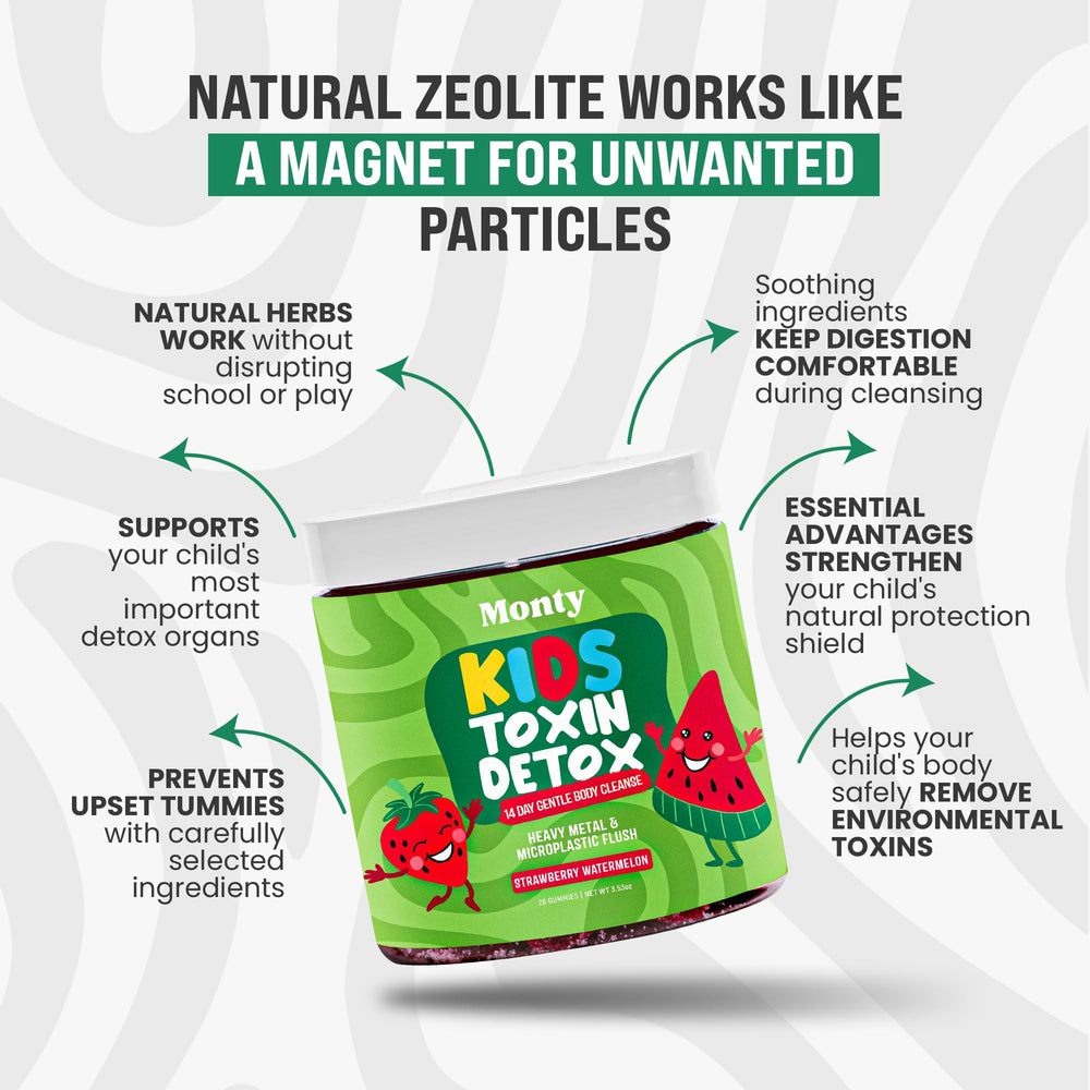 Monty Zeolite Detox Kids strawberry watermelon gummies close-up for tasty daily dosing
