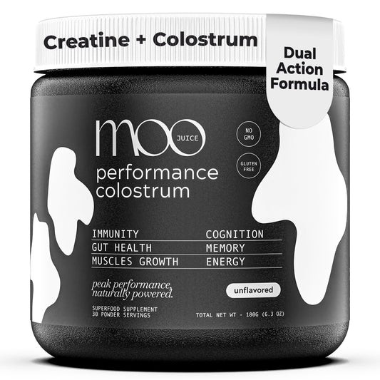 Moo Juice Colostrum Powder bottle for daily wellness and energy.