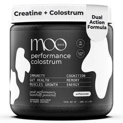 Moo Juice Colostrum Powder bottle for daily wellness and energy.