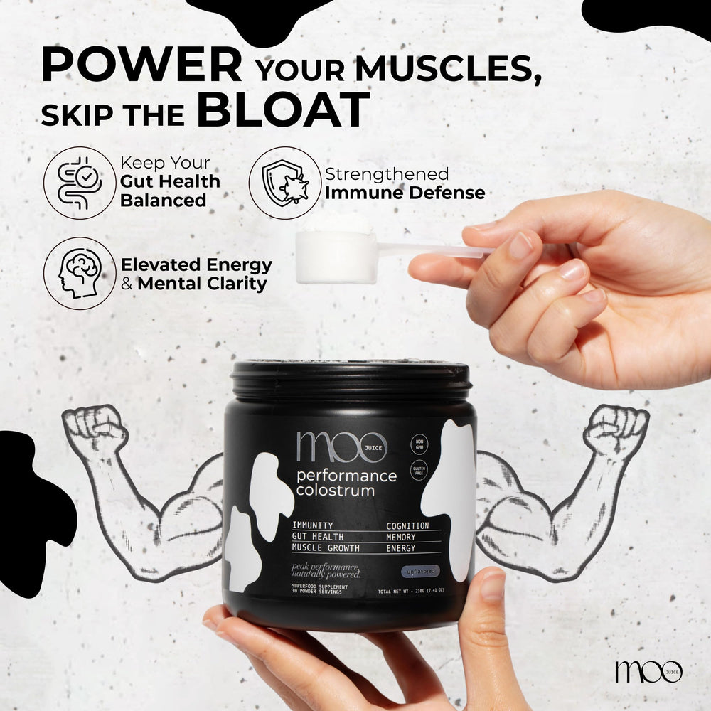 Moo Juice Colostrum Powder label highlights non-GMO ingredients.