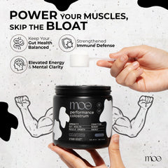 Moo Juice Colostrum Powder label highlights non-GMO ingredients.