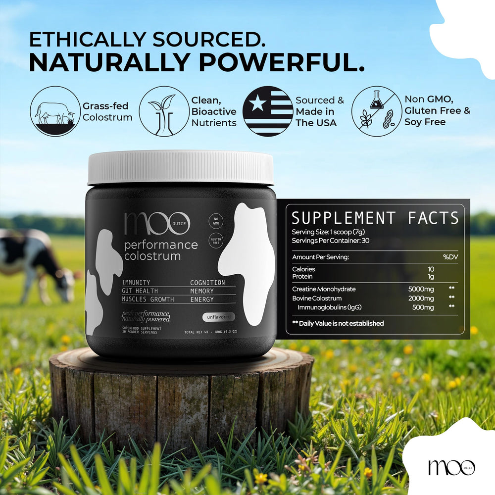 Moo Juice Colostrum Powder container close-up showing label details.
