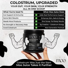 Moo Juice Colostrum Powder unflavored, easy to blend into beverages.