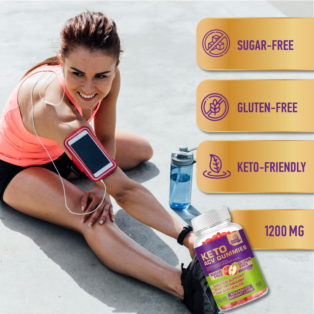Mood Mingle Keto ACV Gummies label highlights gluten-free and keto-friendly branding.