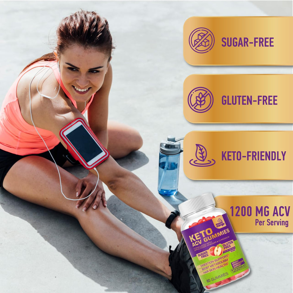 Mood Mingle Keto ACV Gummies label highlights gluten-free and keto-friendly branding.