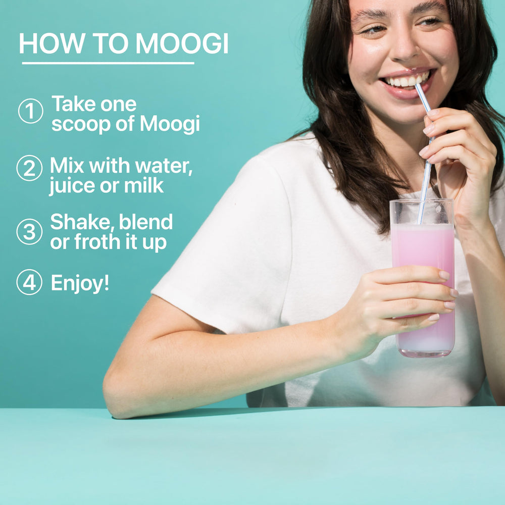 Moogi DE111 probiotic bottle showcasing microbiome support.