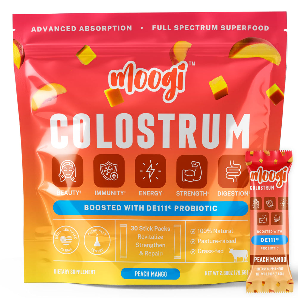 Moogi Peach Mango stick-pack front for convenient daily wellness.