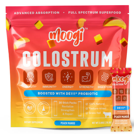 Moogi Peach Mango stick-pack front for convenient daily wellness.