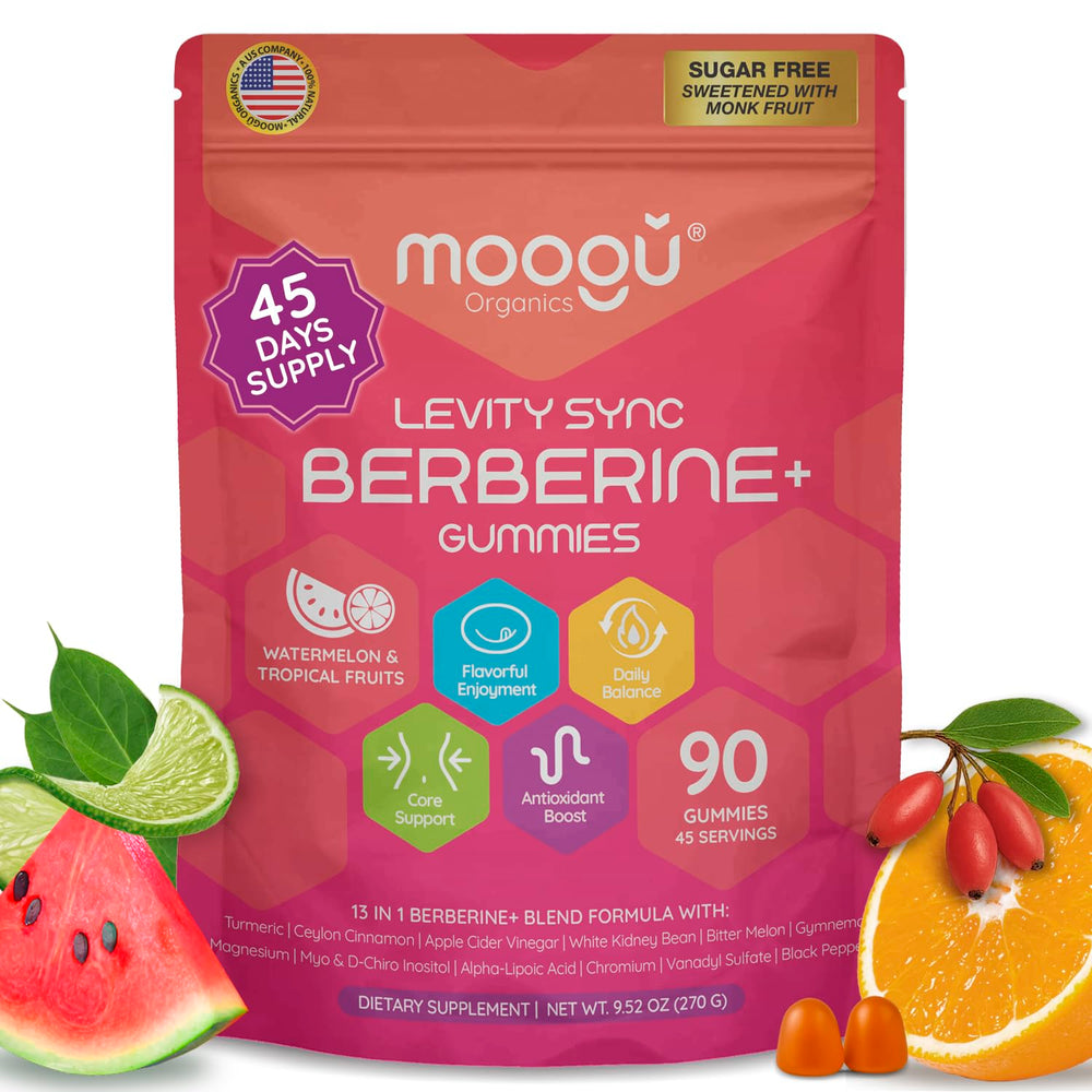 Moogu Berberine Mega Formula gummies packaging highlights high absorption DHB