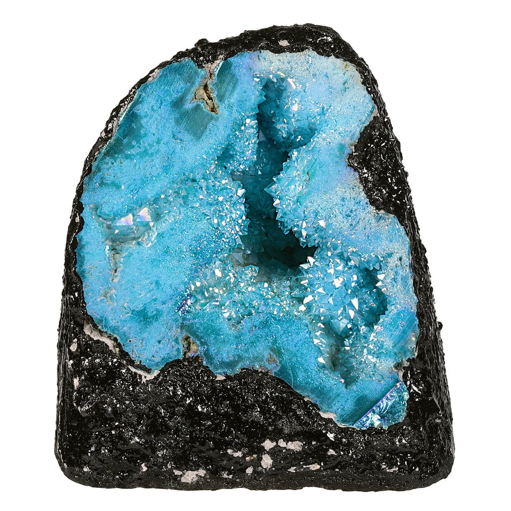Mookaitedecor Angel Aura Quartz geode shines under sunlight with iridescent color for vibrant home decor.
