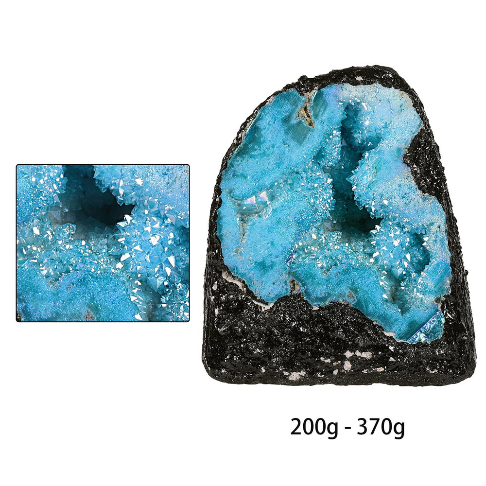 Mookaitedecor Angel Aura quartz geode shows iridescent edge, ideal as a meditation focal point.