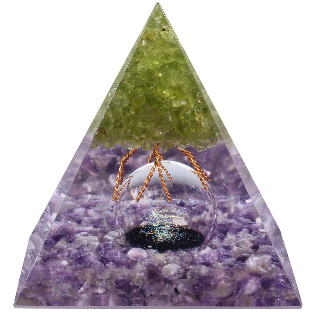 MookaiteDecor Peridot Tree of Life Orgone Pyramid with Amethyst Ball enhances meditation space.