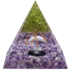 MookaiteDecor Peridot Tree of Life Orgone Pyramid with Amethyst Ball enhances meditation space.