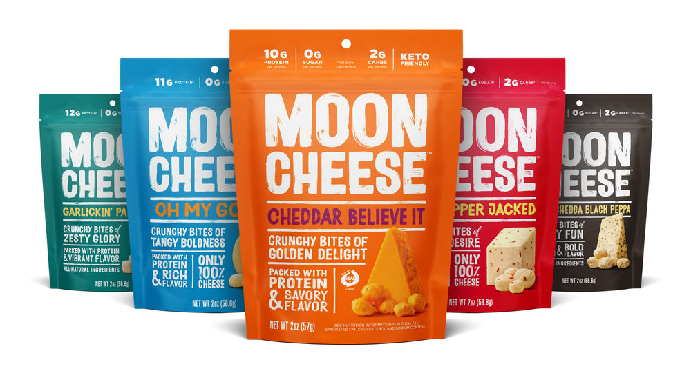 Moon Cheese Bites Bundle packaging featuring cheddar and other flavors for a protein-rich snack
