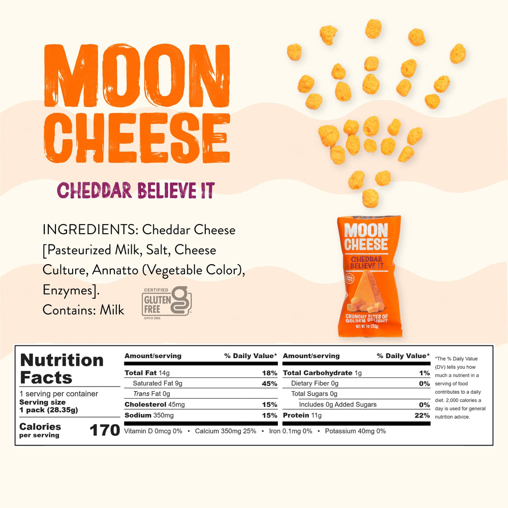 Moon Cheese Cheddar Believe It lunchbox-ready bites add savory crunch to meals.