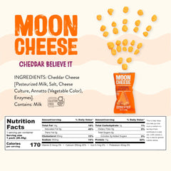 Moon Cheese Cheddar Believe It lunchbox-ready bites add savory crunch to meals.