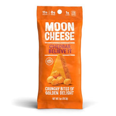 Moon Cheese Cheddar Believe It packaging highlights portability for lunches.