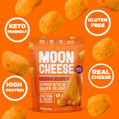 Close-up of Moon Cheese Cheddar Believe It texture showing crisp, savory bite.