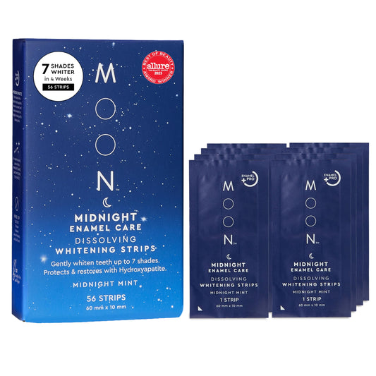 MOON Midnight Mint strips on teeth show no-rinse whitening in action.