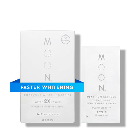 MOON dissolving whitening strips box showing travel-friendly 28-count set for on-the-go use