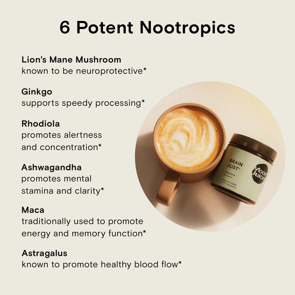 Moon Juice Brain Dust jar on shelf conveys premium, plant-based support for daily clarity.