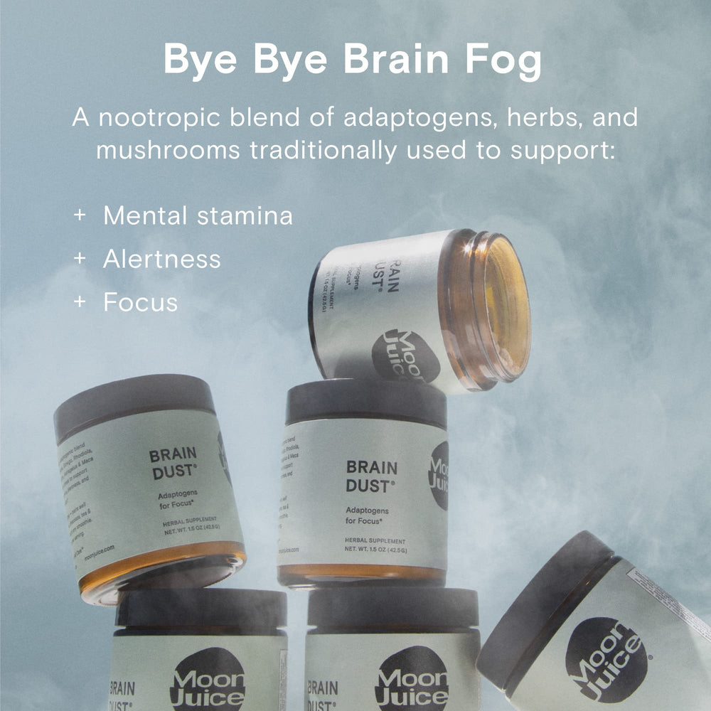 Moon Juice Brain Dust mushroom-coffee mix suggests a smooth ritual for alert, balanced mornings.