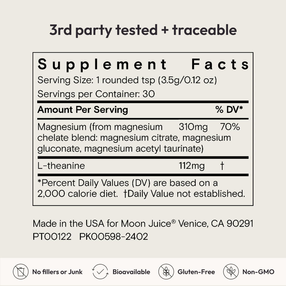 Moon Juice Magnesi-Om bottle close-up emphasizes vegan and non-GMO.