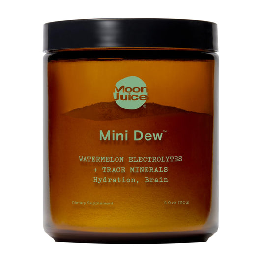 Moon Juice Mini Dew electrolytes powder bottle ready for quick hydration