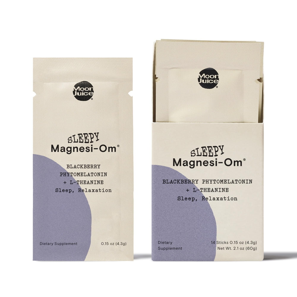 Moon Juice Sleepy Magnesi-Om bottle front shows a sugar-free bedtime formula for relaxation