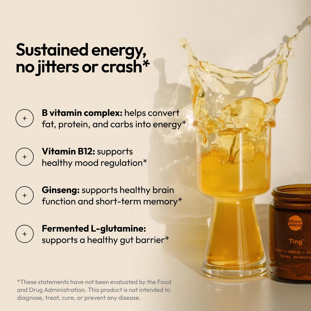 Moon Juice Ting mango water mix demonstrates caffeine-free energy