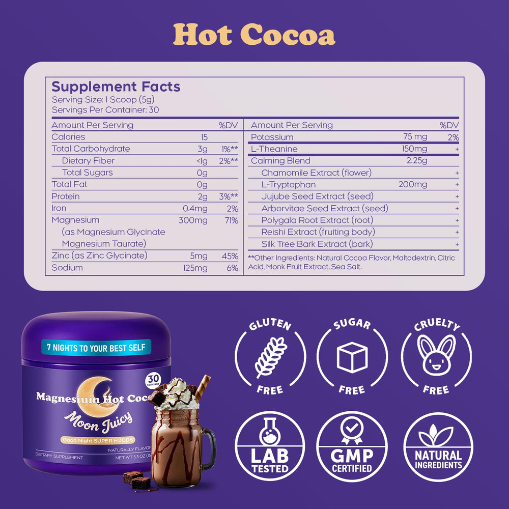 Moon Juicy hot cocoa cup steaming for a soothing bedtime ritual.