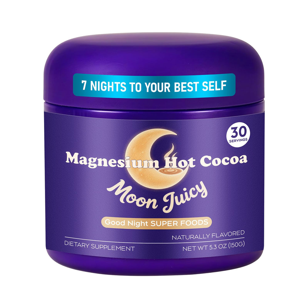 Moon Juicy nighttime cocoa jar with label promotes calm wind-down.