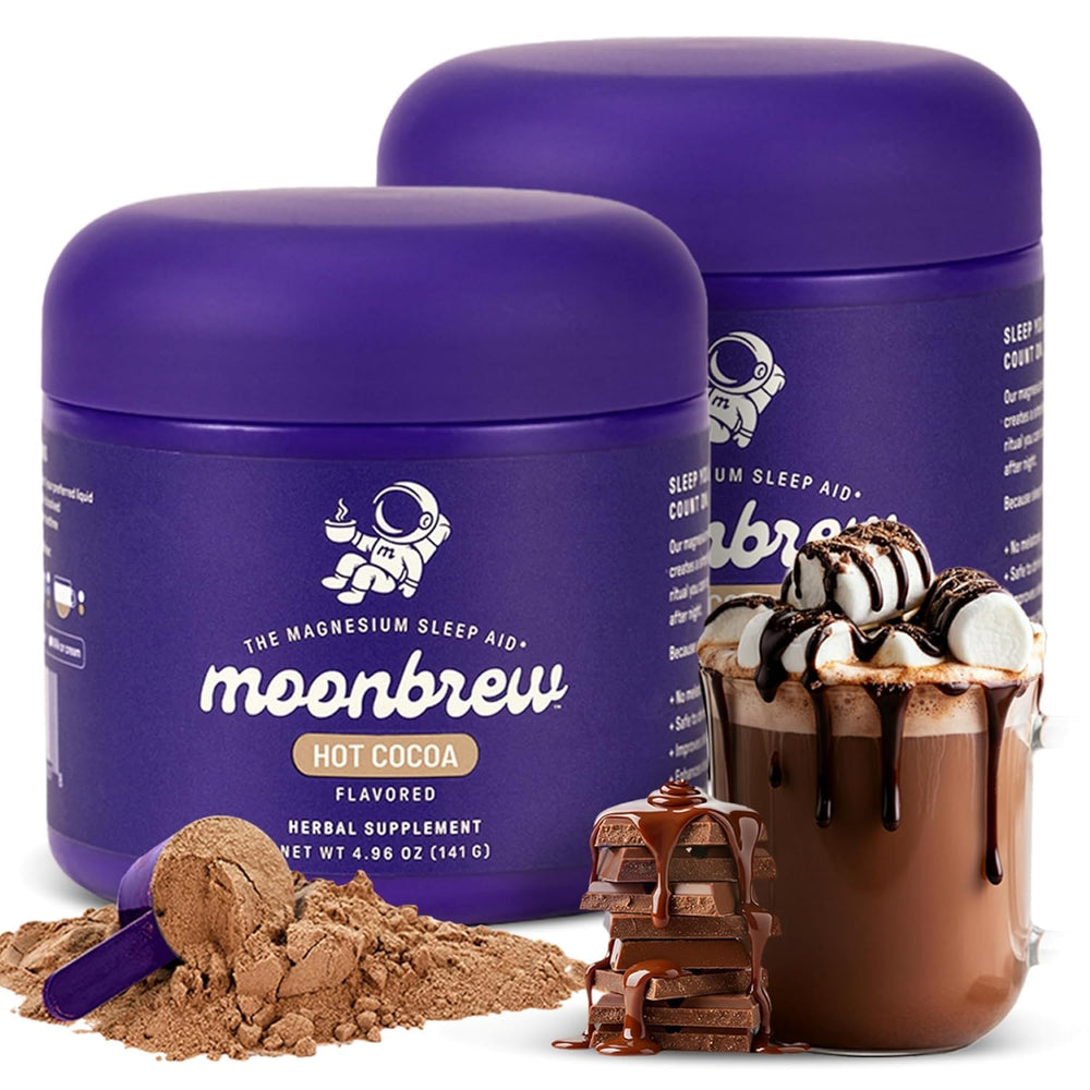 MoonBrew Nighttime Magnesium Hot Cocoa jar emphasizes a soothing nightly ritual for relaxed evenings.