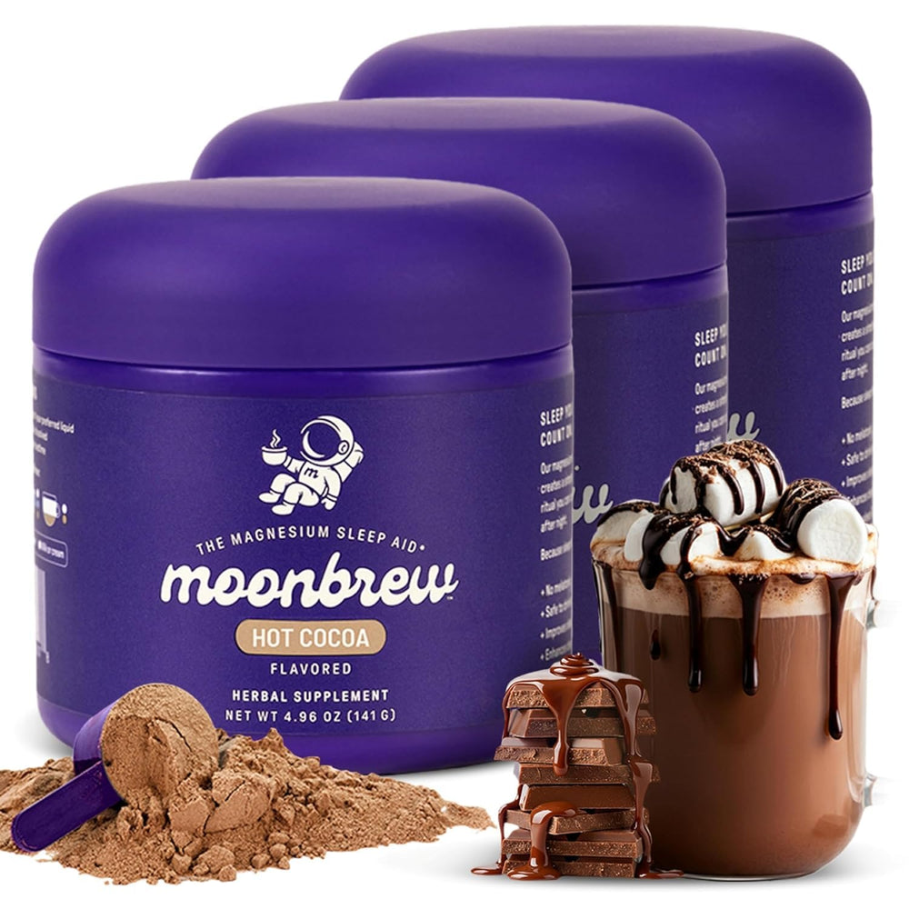 MoonBrew Nighttime Magnesium Hot Cocoa jar showing a rich, calming ritual.