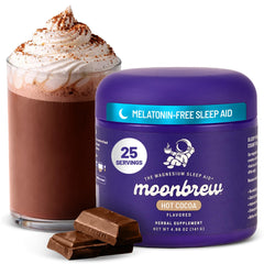 MoonBrew Nighttime Magnesium Hot Cocoa jar; a soothing bedtime ritual.