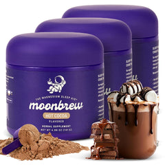 MoonBrew Nighttime Magnesium Hot Cocoa jar showing a rich, calming ritual.