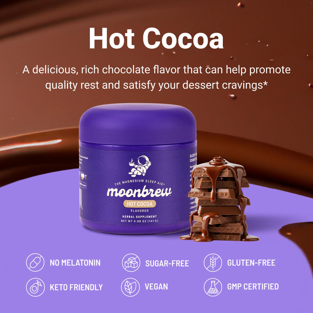 MoonBrew Nighttime Magnesium Hot Cocoa packaging showing the 3-pack convenient design.