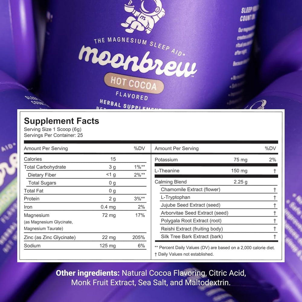 MoonBrew Nighttime Magnesium Hot Cocoa steaming cup for bedtime relaxation.