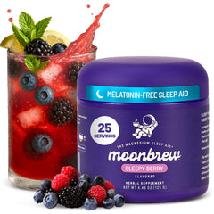 MoonBrew Nighttime Sleepy Berry bottle shows calming, melatonin-free sleep support.
