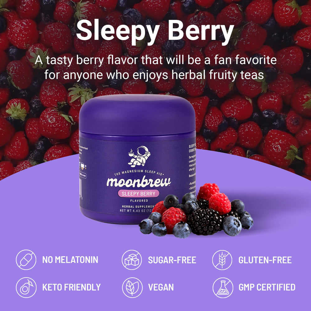 MoonBrew Sleepy Berry jar label emphasizes 25 servings for easy nightly planning.