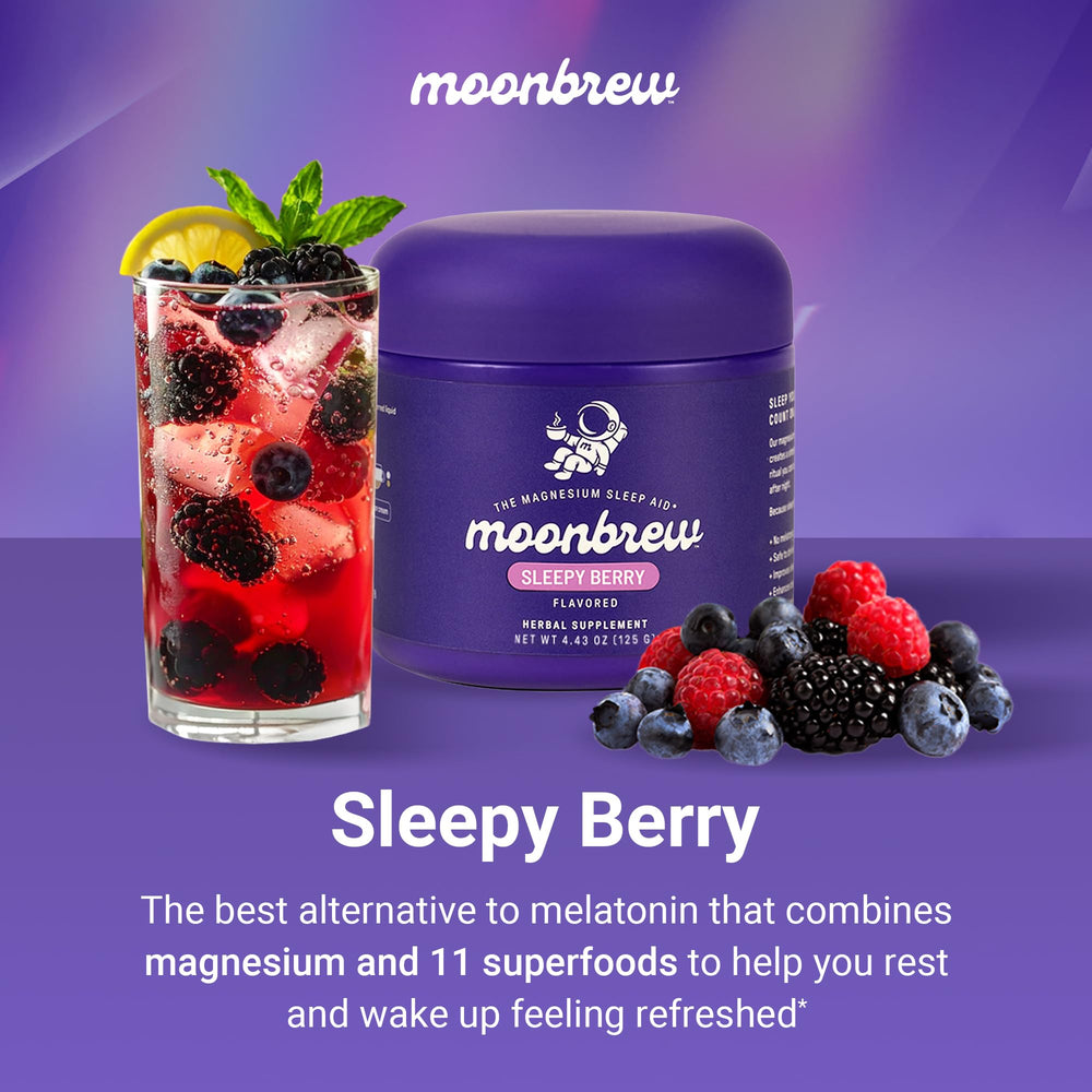 Close-up of MoonBrew Sleepy Berry powder highlighting berry flavor for a relaxing night routine.