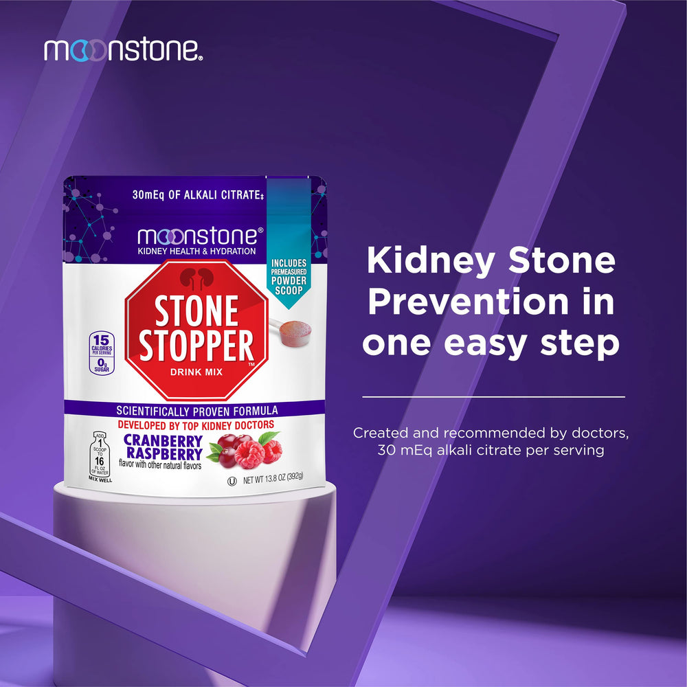 Moonstone Stone Stopper Drink Mix dissolving in water to create a ready-to-drink beverage