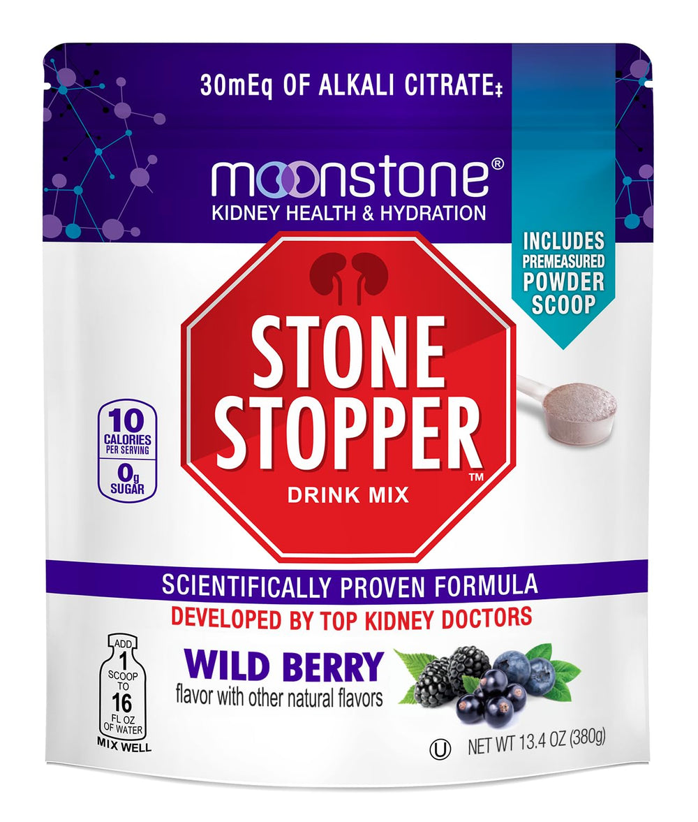 Moonstone Stone Stopper Drink Mix bottle shows convenient hydration support with wild berry flavor