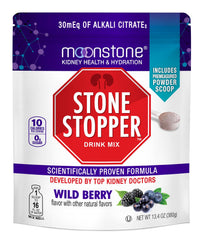 Moonstone Stone Stopper Drink Mix bottle shows convenient hydration support with wild berry flavor