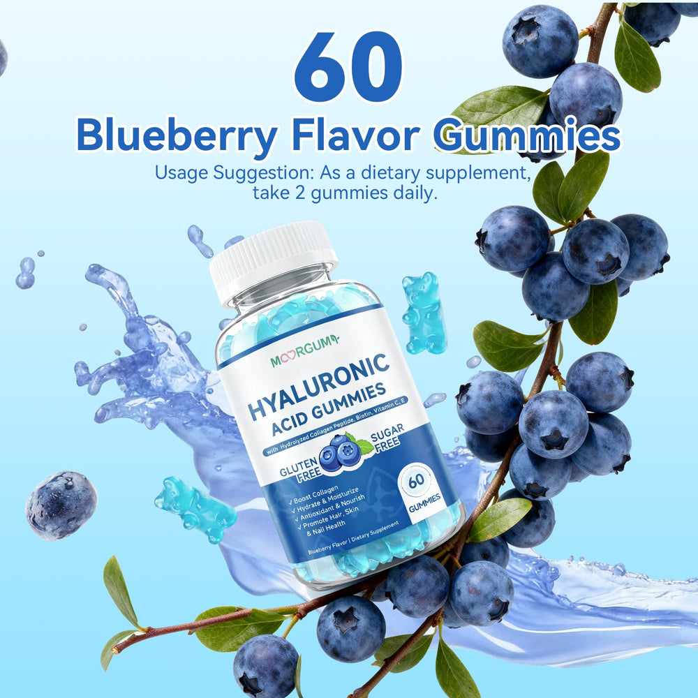 MOORGUMY Blueberry-flavored gummies ingredients label highlights natural flavor.