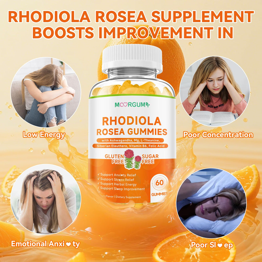 MOORGUMY Rhodiola Rosea Gummies label with key ingredients.