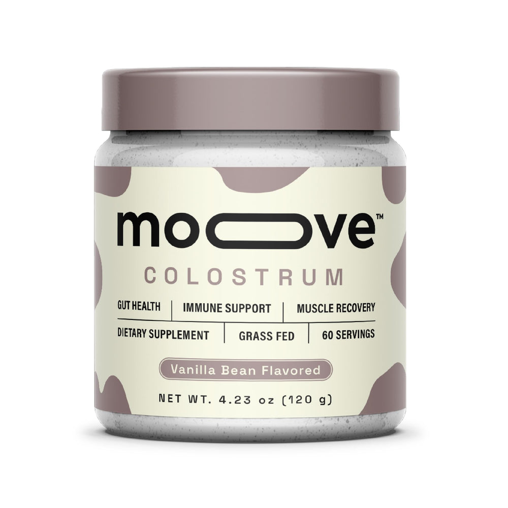 MOOVE bovine colostrum powder with vanilla bean for a smooth immune-supporting beverage.