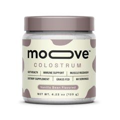MOOVE bovine colostrum powder with vanilla bean for a smooth immune-supporting beverage.